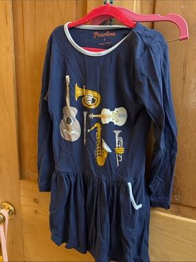 Piccolina Navy Long-Sleeve Kids Casual Dress with Musical Print